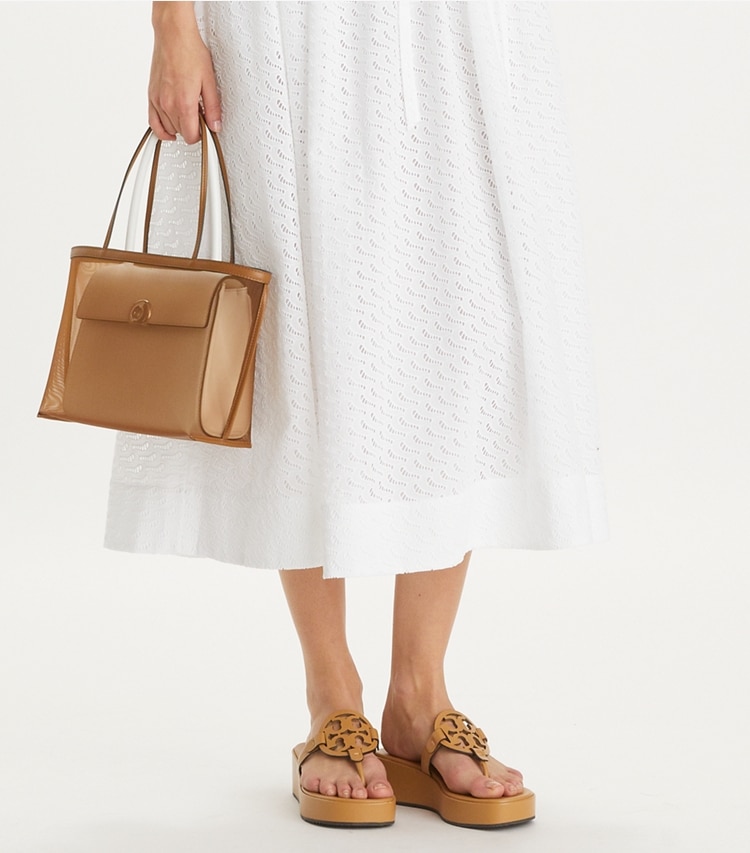 Tory Burch designer sandals Miller Wedge Sandal in GINGER SHORTBREAD accessory on model