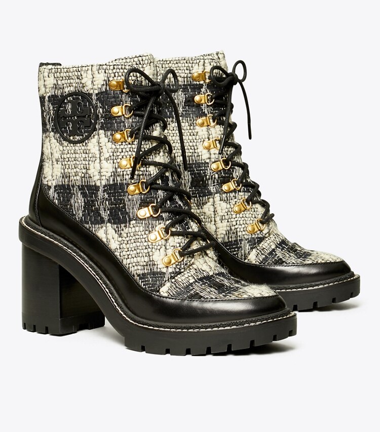 Tory Burch designer ankle boots Miller Wool Lug Sole Boot in Black/White/Perfect Black angle