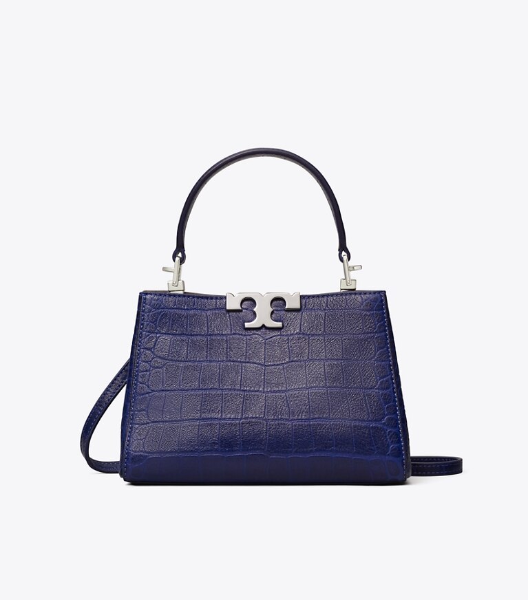 Tory Burch designer borse a spalla Mini bauletto Eleanor con rilievo a coccodrillo in Ballpoint Blue front