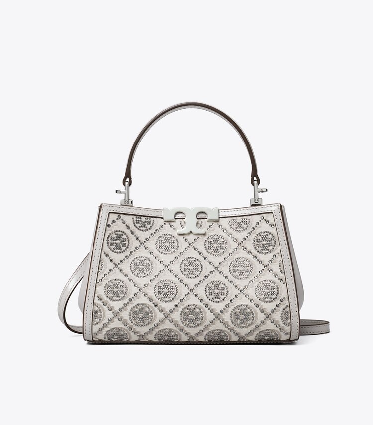 Tory Burch designer borse a spalla Mini bauletto Eleanor con T Monogram in Gray front