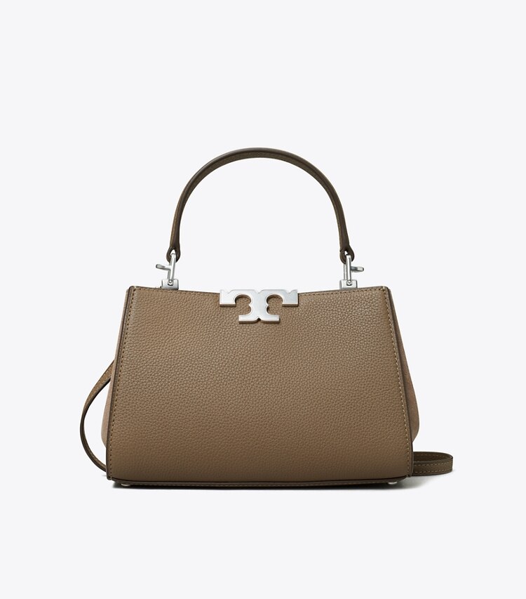 Tory Burch designer borse a spalla Mini bauletto Eleanor in pelle martellata in Wild Mushroom front