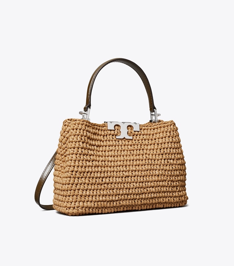 Tory Burch designer borse a spalla Mini Bauletto Eleanor in rafia in Honeycomb angle