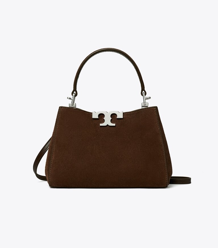 Tory Burch designer borse a spalla Mini bauletto Eleanor in suede in Dark Cocoa front