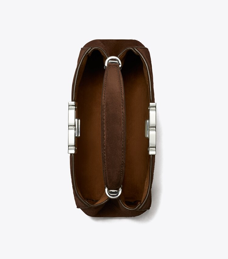 Tory Burch designer borse a spalla Mini bauletto Eleanor in suede in Dark Cocoa superiore