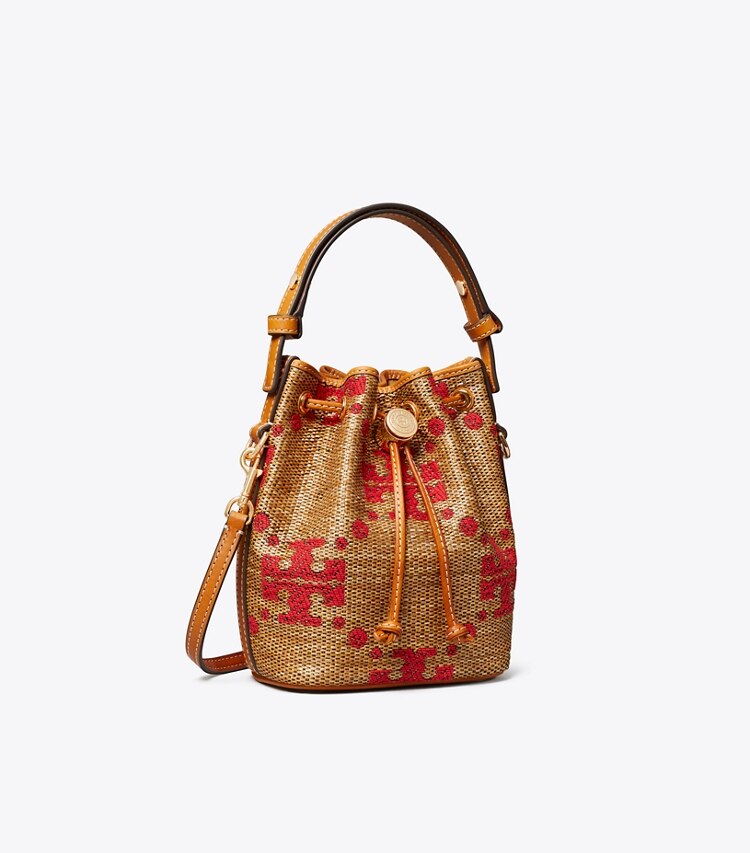 Tory Burch diseñador bolsos bandolera Mini bolso bucket de paja con monograma T en Natural ángulo
