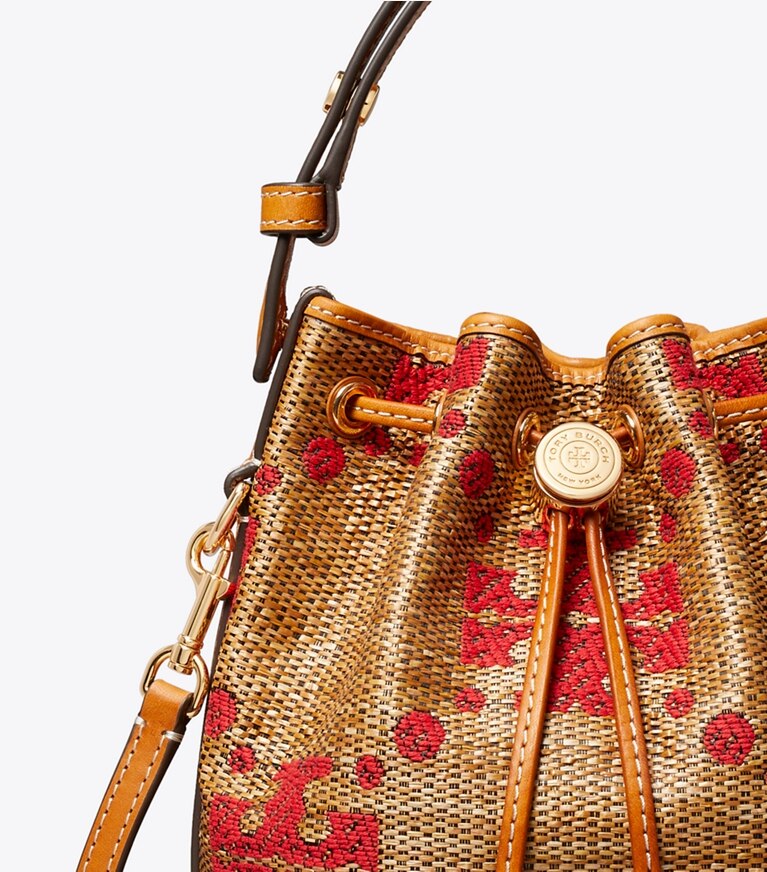 Tory Burch diseñador bolsos bandolera Mini bolso bucket de paja con monograma T en Natural detalle