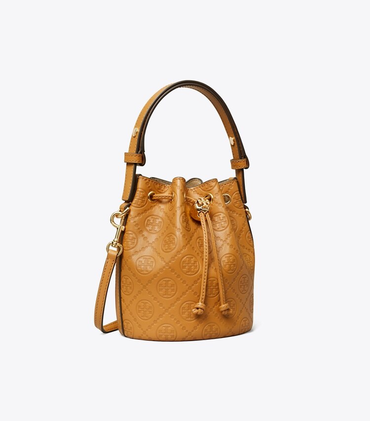 Tory Burch diseñador bolsos bandolera Mini bolso bucket de piel con monograma T en Tan ángulo