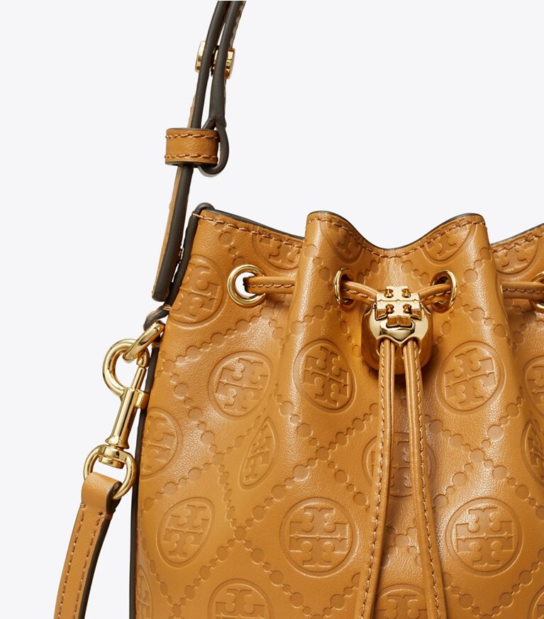 Tory Burch diseñador bolsos bandolera Mini bolso bucket de piel con monograma T en Tan detalle
