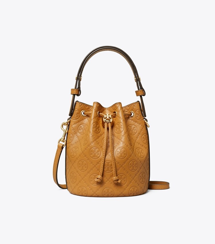 Tory Burch diseñador bolsos bandolera Mini bolso bucket de piel con monograma T en Tan frente
