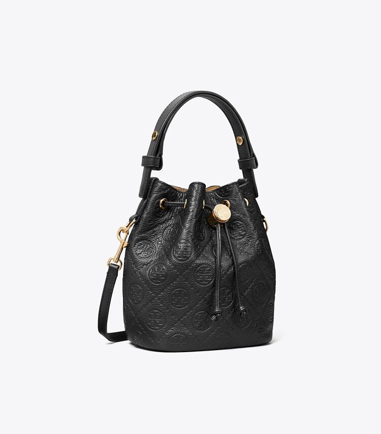 Tory Burch diseñador bolsos bandolera Mini bolso bucket graneado con monograma T en Black ángulo
