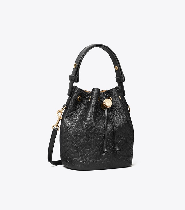 Tory Burch diseñador bolsos bandolera Mini bolso bucket graneado con monograma T en Black ángulo