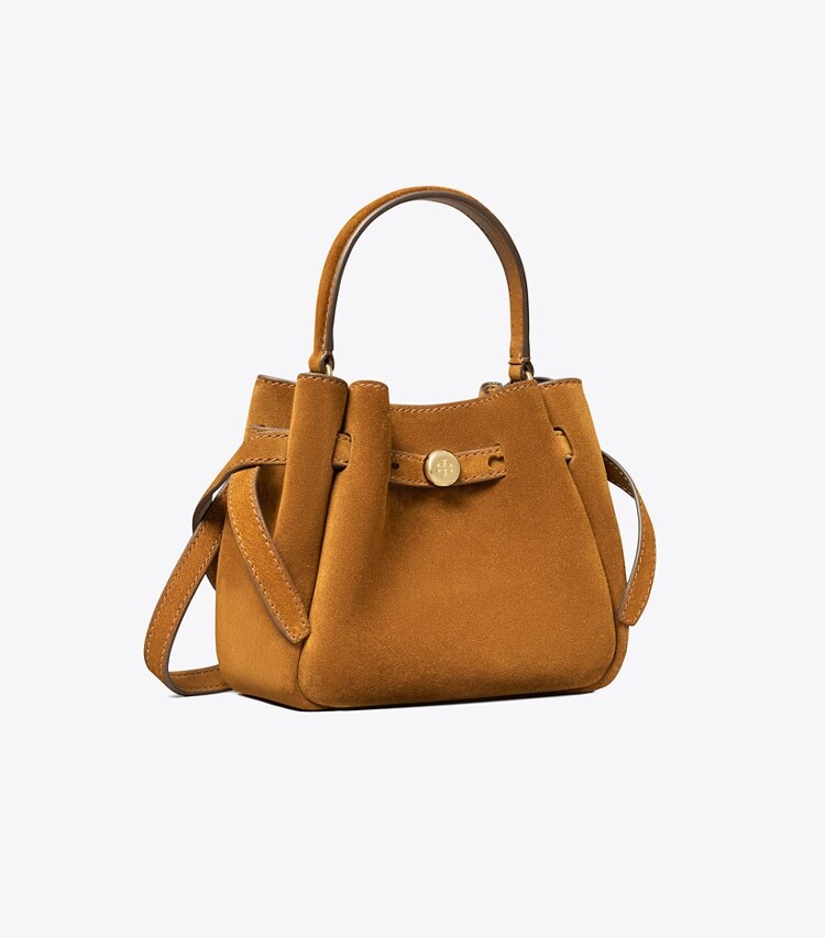 Tory Burch diseñador bolsos bandolera Mini bolso bucket Romy de gamuza en Caramel ángulo