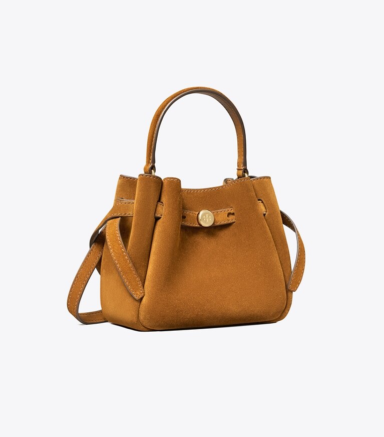 Tory Burch diseñador bolsos bandolera Mini bolso bucket Romy de gamuza en Caramel ángulo