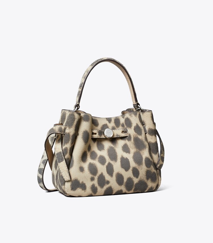 Tory Burch diseñador bolsos bandolera Mini bolso bucket Romy de gamuza en Cheetah ángulo