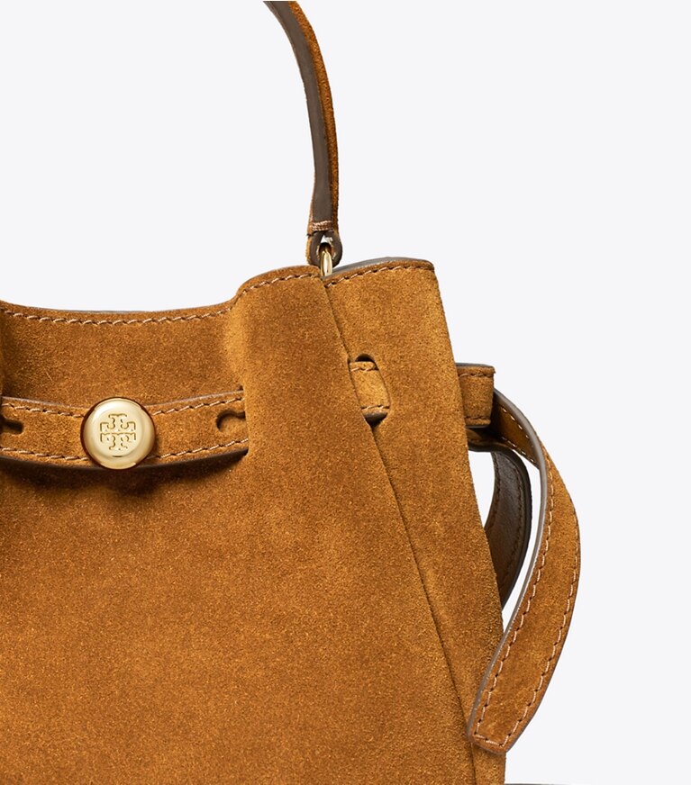 Tory Burch diseñador bolsos bandolera Mini bolso bucket Romy de gamuza en Caramel detalle