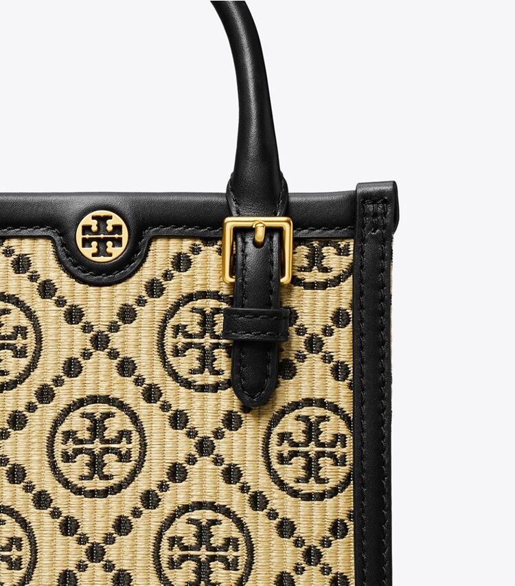 Tory Burch diseñador bolsos bandolera Mini bolso Tote de rafia con monograma T en Black detalle