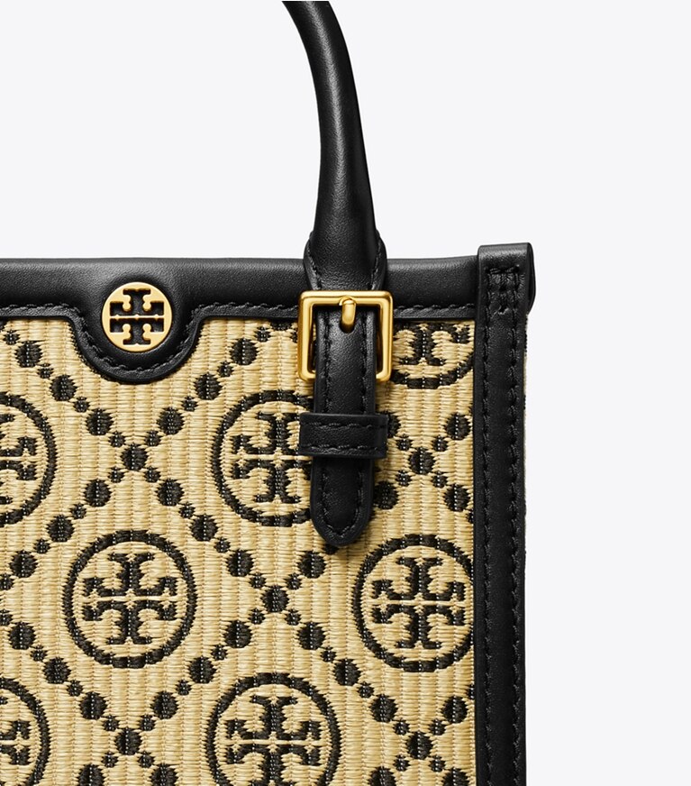 Tory Burch diseñador bolsos bandolera Mini bolso Tote de rafia con monograma T en Black detalle