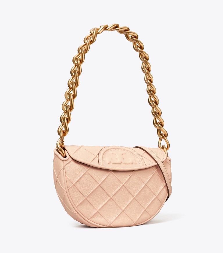 Tory Burch designer borse a tracolla Mini borsa a mezzaluna Fleming morbida in pelle pieno fiore lucida in Pink Dawn angle