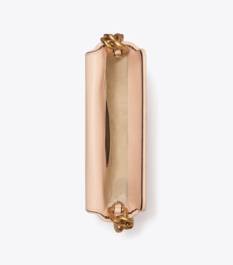 Tory Burch designer borse a tracolla Mini borsa a mezzaluna Fleming morbida in pelle pieno fiore lucida in Pink Dawn angle