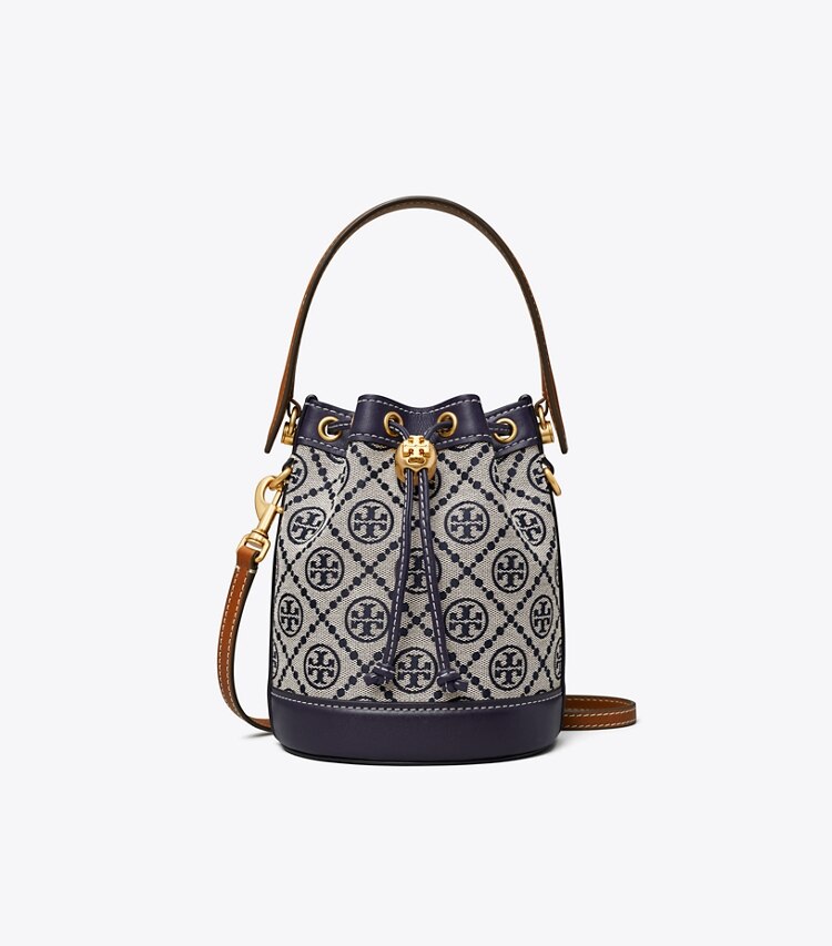Tory Burch designer borse a spalla Mini borsa a secchiello con T monogram in jacquard in Tory Navy front