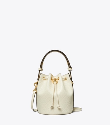 Tory Burch designer borse a spalla Mini borsa a secchiello in pelle con T Monogram in Light Cream front