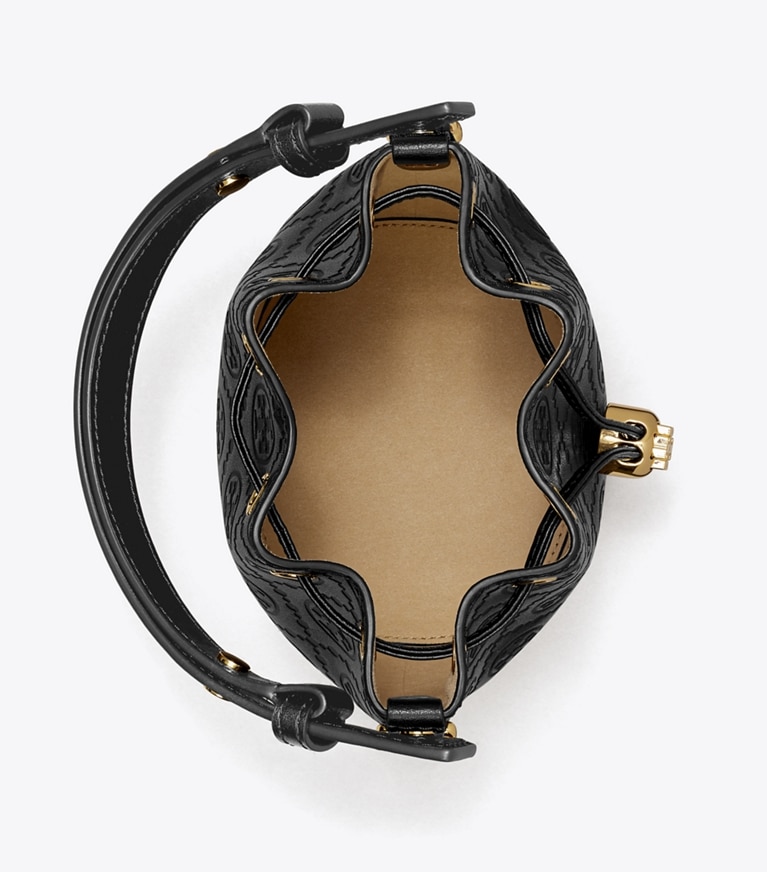 Tory Burch designer borse a spalla Mini borsa a secchiello in pelle con T Monogram in Black angle