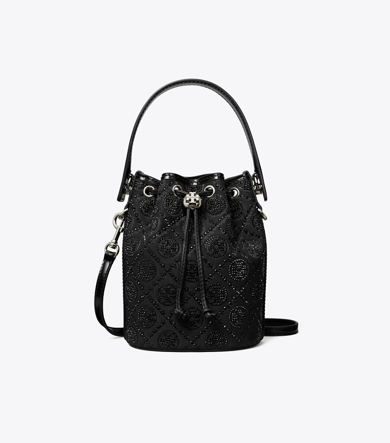 Tory Burch designer borse a spalla Mini borsa a secchiello T Monogram decorata in Black angle