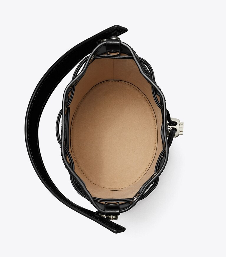 Tory Burch designer borse a spalla Mini borsa a secchiello T Monogram decorata in Black angle
