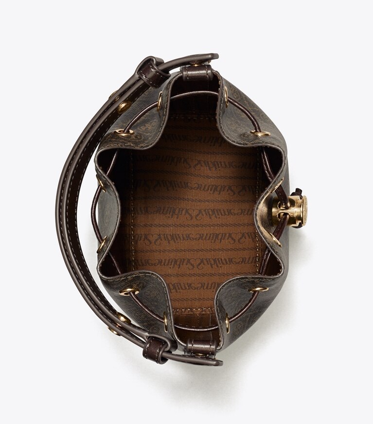 Tory Burch designer borse a spalla Mini borsa a secchiello T Monogram in tela rivestita in French Press angle