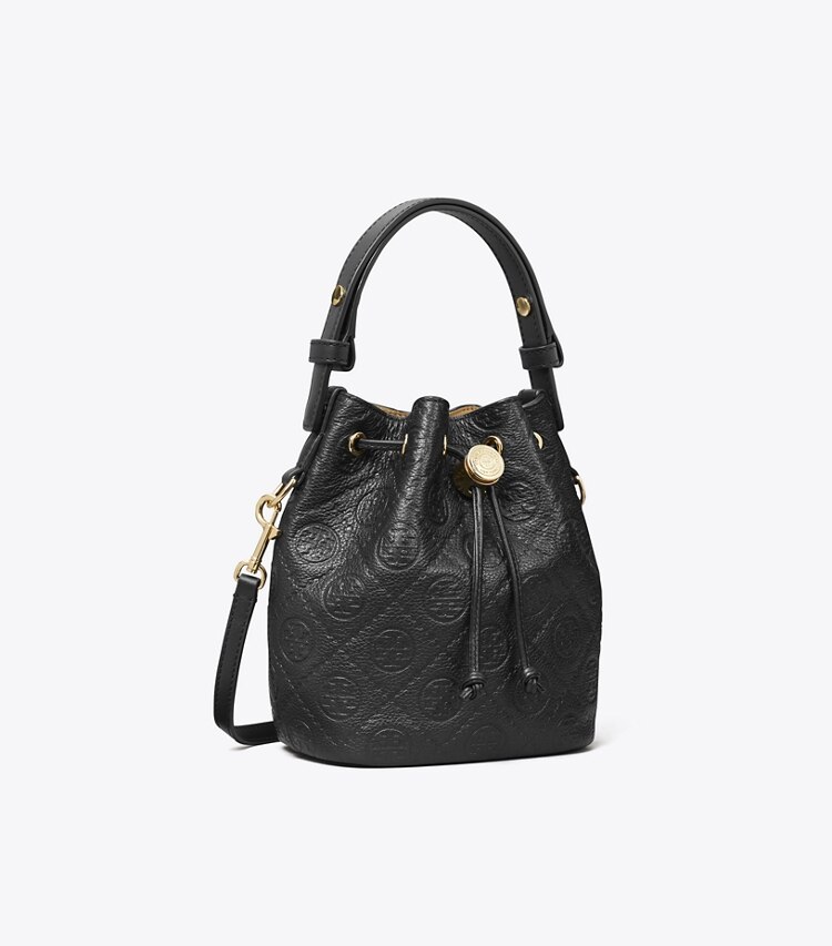 Tory Burch designer borse a spalla Mini borsa a secchiello T Monogram martellata in Black angle