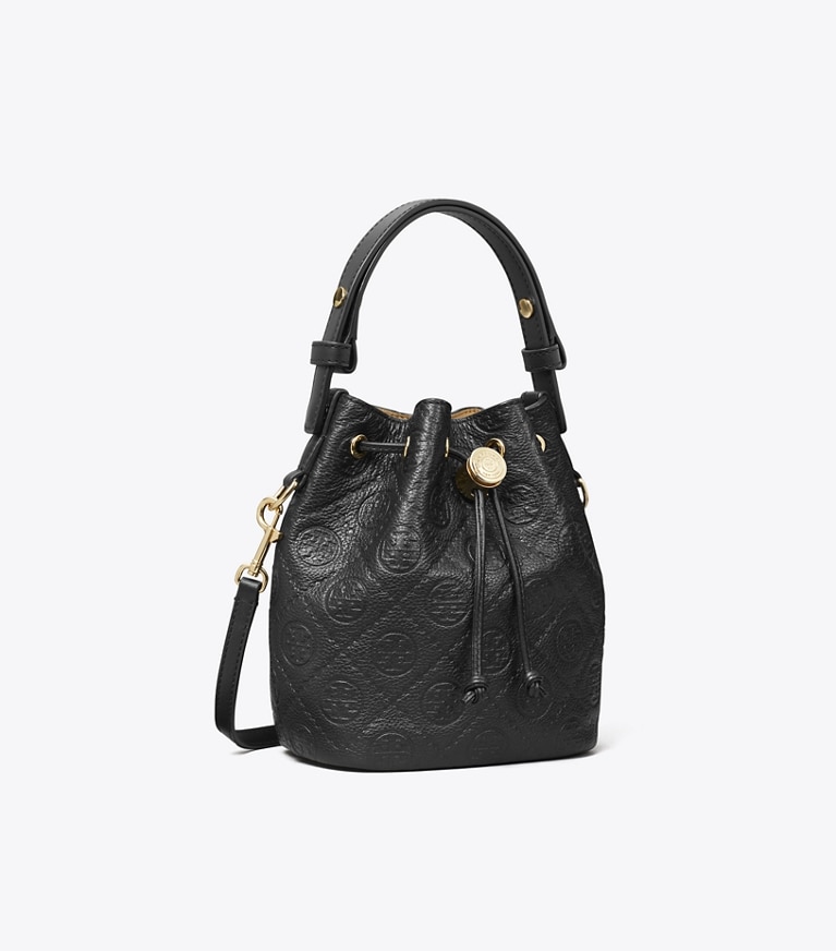 Tory Burch designer borse a spalla Mini borsa a secchiello T Monogram martellata in Black angle