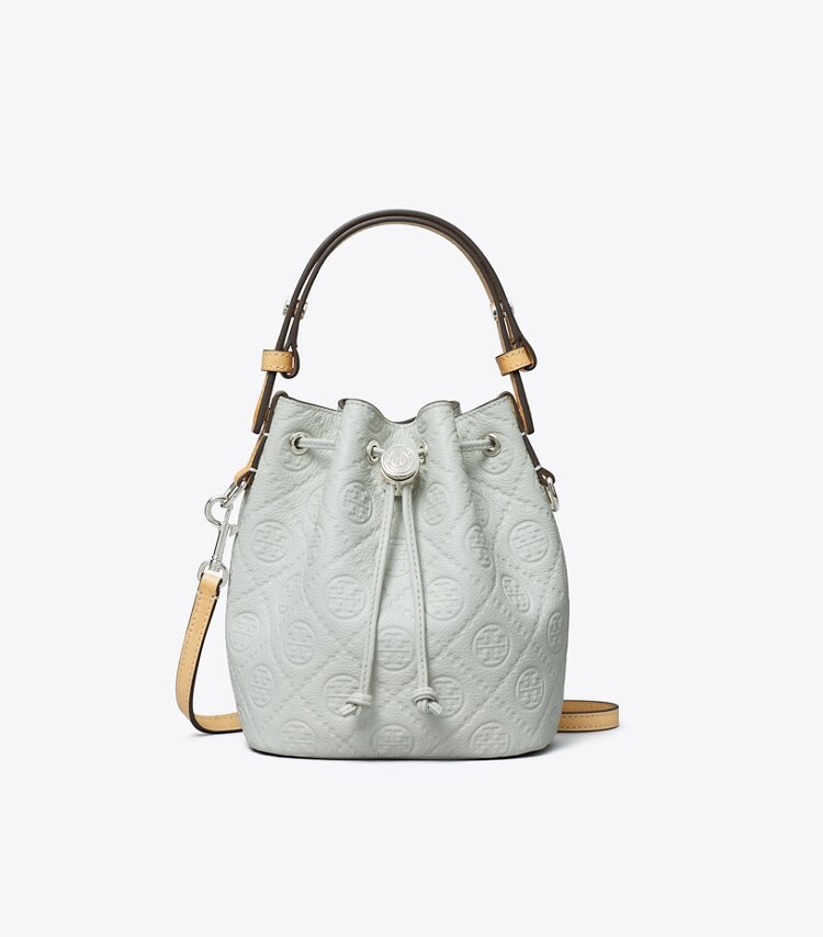 Tory Burch designer borse a spalla Mini borsa a secchiello T Monogram martellata in Light Titanium front