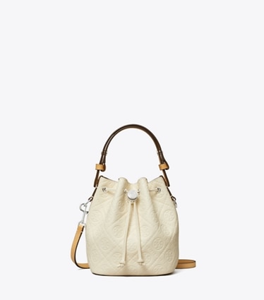 Tory Burch designer borse a spalla Mini borsa a secchiello T Monogram martellata in Warm White front