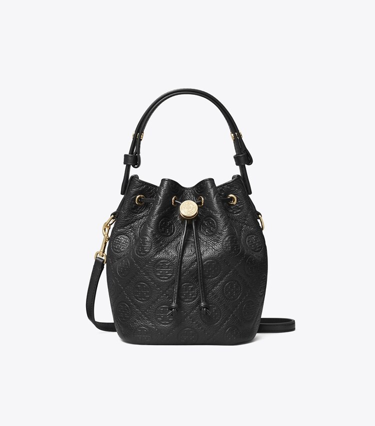 Tory Burch designer borse a spalla Mini borsa a secchiello T Monogram martellata in Black front