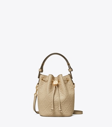 Tory Burch designer borse a spalla Mini borsa a secchiello T Monogram martellata in Fresh Clay front
