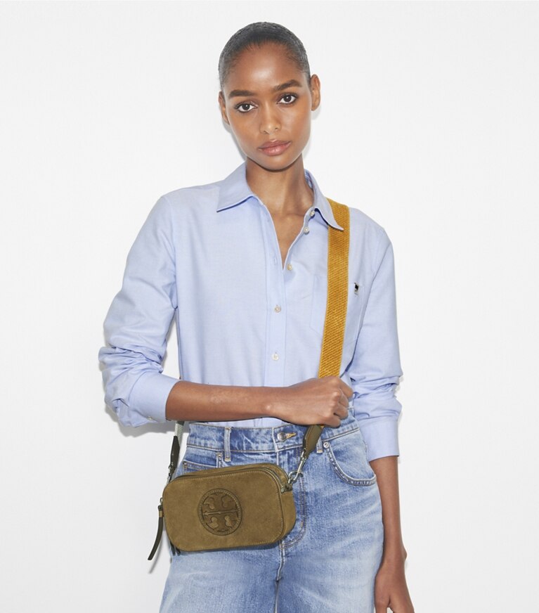 Tory Burch designer borse a spalla Mini borsa a tracolla Miller in suede in Deep Olive angle