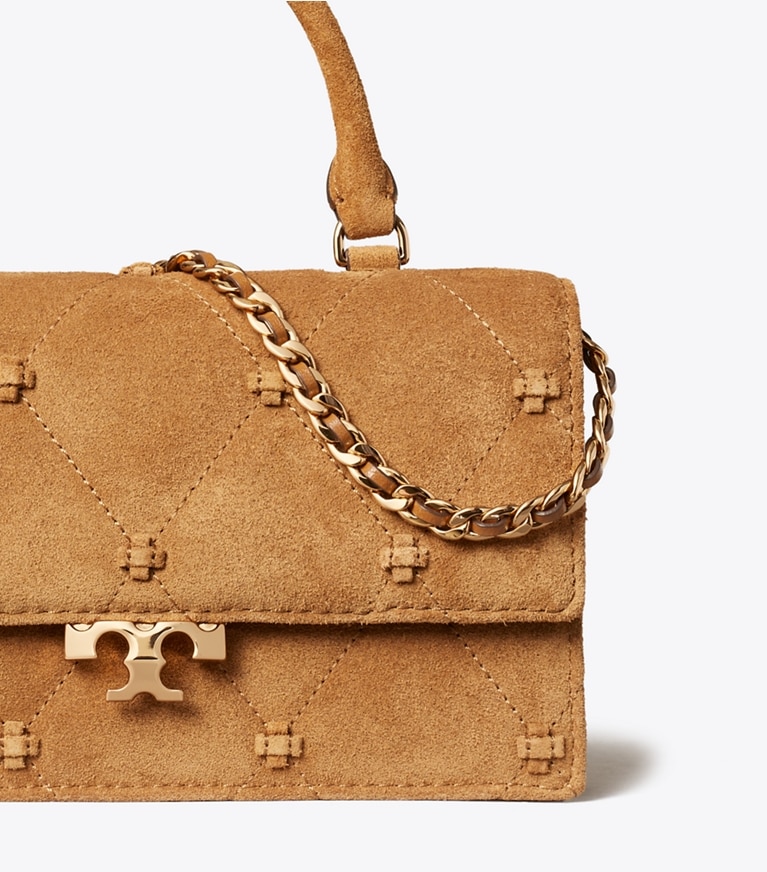 Tory Burch designer borse a spalla Mini borsa Bunny Knot in suede con manico superiore in Toffee dettaglio