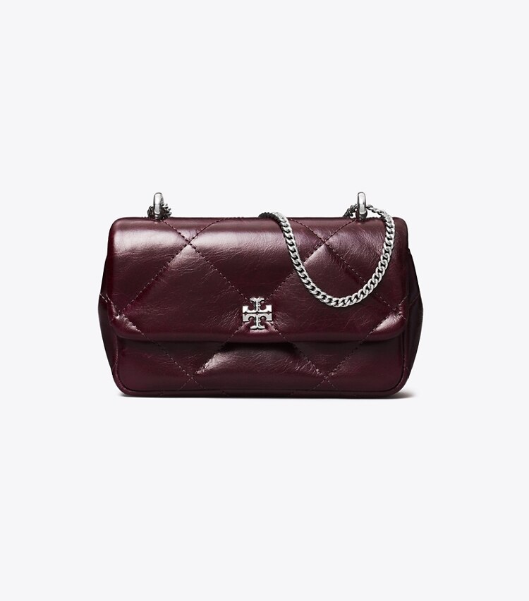 Tory Burch designer borse a spalla Mini borsa Kira con pattina e trapuntatura a diamante effetto consumato in Dark Carmine front
