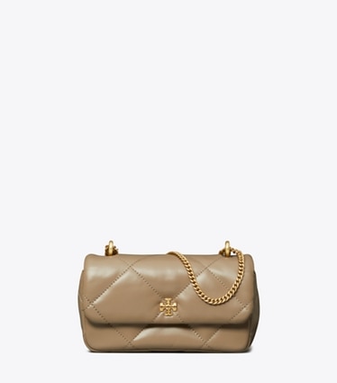 Tory Burch designer borse a spalla Mini borsa Kira con pattina e trapuntatura a trapezio in Taupe Oak front