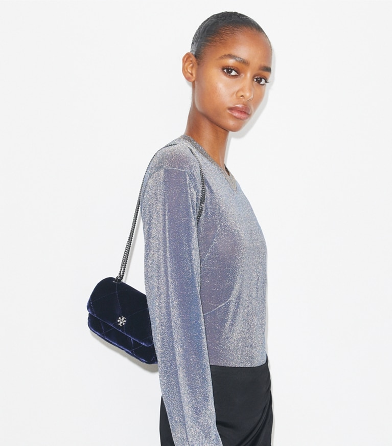 Tory Burch designer borse a spalla Mini borsa Kira con trapuntatura a diamante in velluto e pavé in PERFECT NAVY angle