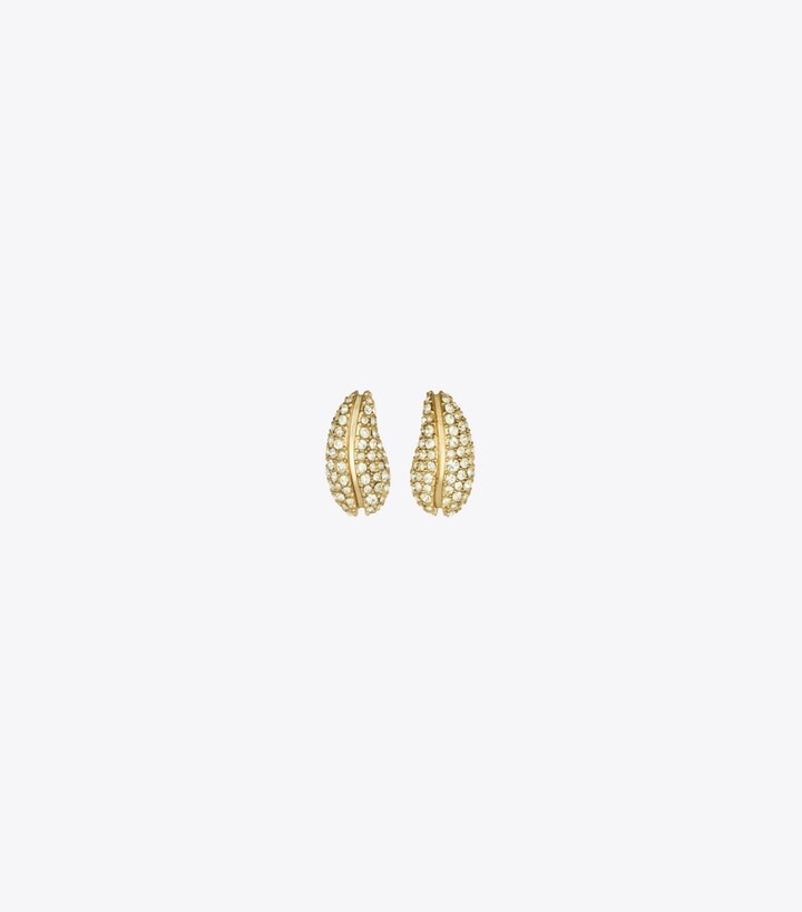 Tory Burch designer boucles d'oreilles Mini boucles d’oreilles pavées Pierced in Light Brass / Crystal front
