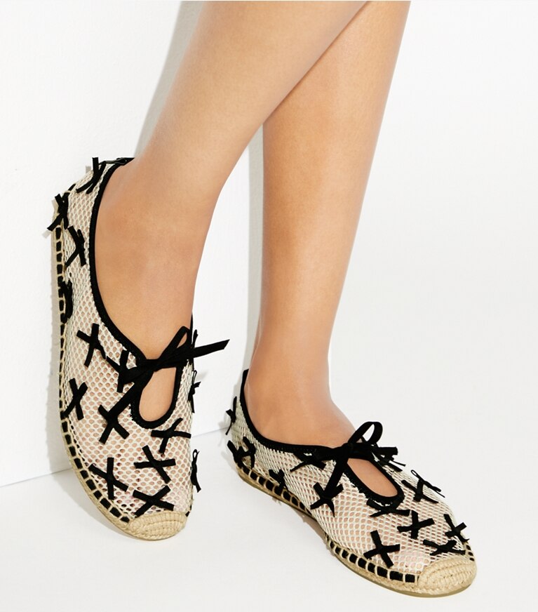 Tory Burch designer espadrilles Mini Bow Mesh Espadrille in PEACH / PERFECT BLACK angle