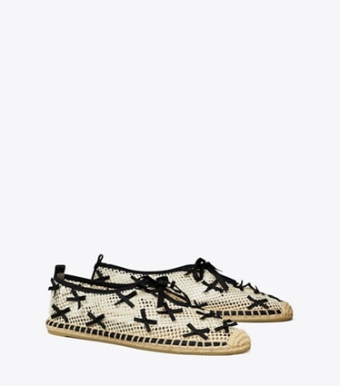Tory Burch designer espadrilles Mini Bow Mesh Espadrille in PEACH / PERFECT BLACK angle