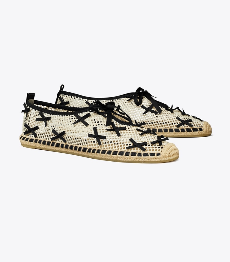 Tory Burch designer espadrilles Mini Bow Mesh Espadrille in PEACH / PERFECT BLACK angle
