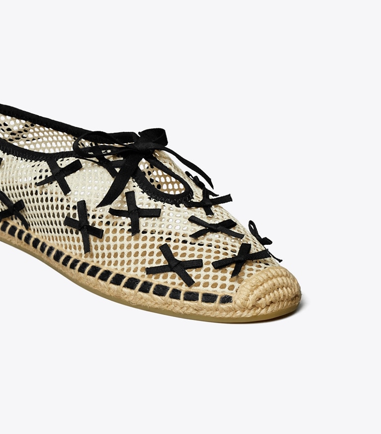 Tory Burch designer espadrilles Mini Bow Mesh Espadrille in PEACH / PERFECT BLACK angle