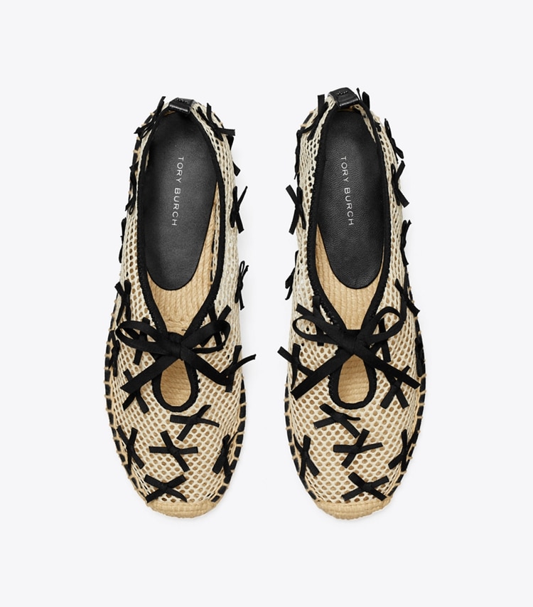 Tory Burch designer espadrilles Mini Bow Mesh Espadrille in PEACH / PERFECT BLACK overhead