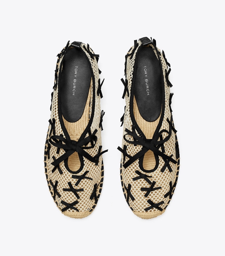 Tory Burch designer espadrilles Mini Bow Mesh Espadrille in PEACH / PERFECT BLACK angle