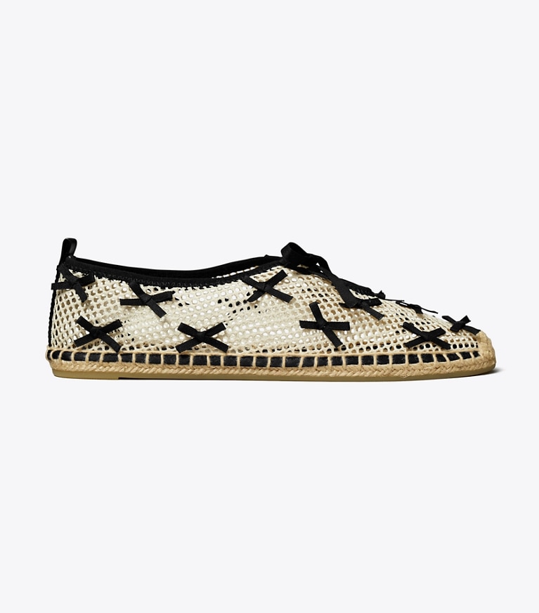 Tory Burch designer espadrilles Mini Bow Mesh Espadrille in PEACH / PERFECT BLACK angle