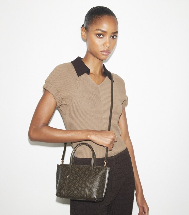 Tory Burch designer sacs à bandoulière Mini cabas Perry en toile enduite in French Press angle