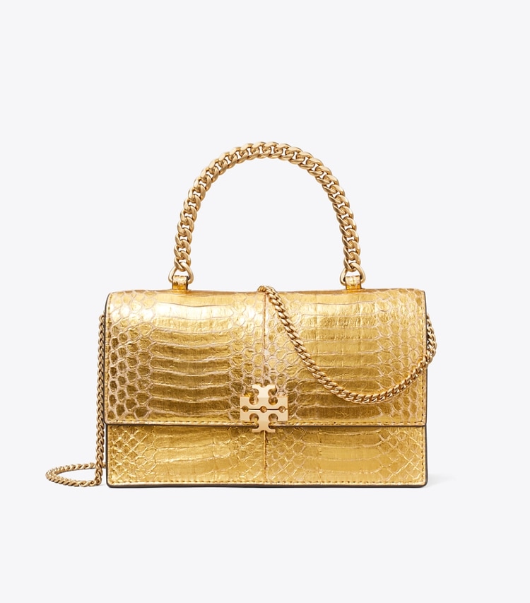 Tory Burch designer crossbody bags Mini Charlie Crossbody Bag aus Schlangenleder mit Tragegriff oben in Gold front